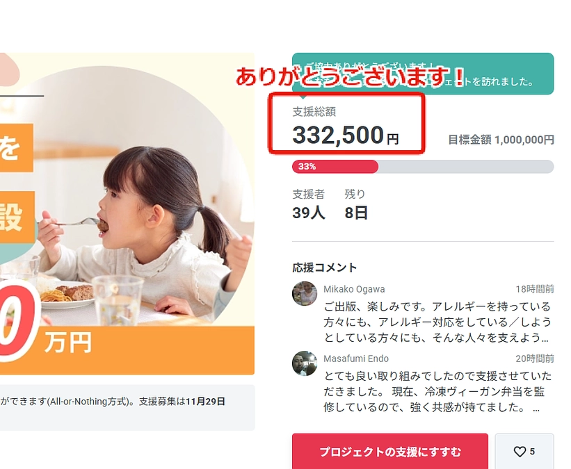 【あと8日！】支援率30%を超え、良いご縁ができました。