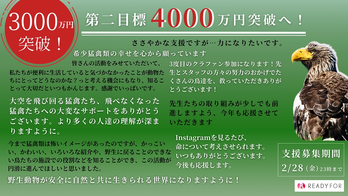 【3,000万円突破】第ニ目標突破まであと1,000万円！皆からの応援コメントは私たちの活力です！