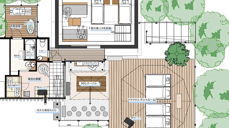 カフェ併設の1日1組限定のグラマラスなキャンプもできる蔵のホテル。
