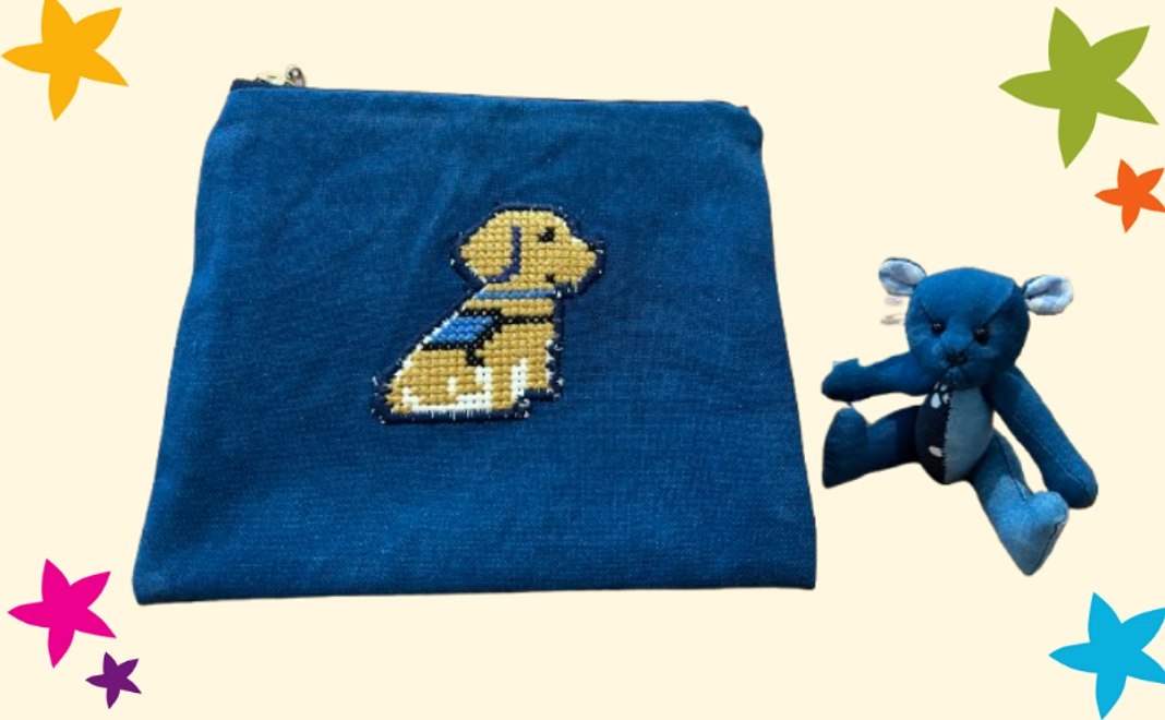 藍染ポーチ(アイビーのクロスステッチ)&テディベア【税制優遇対象外】
