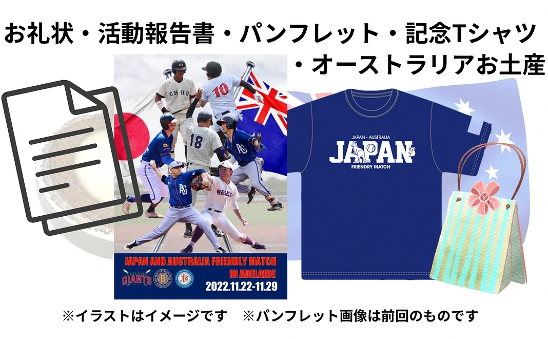 お礼状、活動報告書、パンフレット、記念Tシャツ、オーストラリアお土産【100,000円】