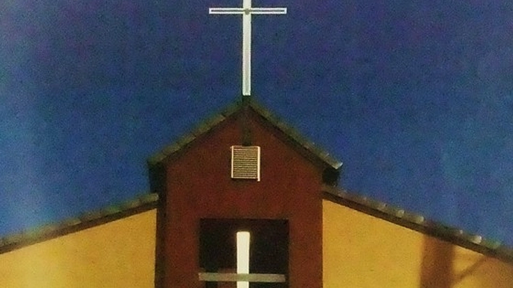 教会の屋根にＬＥＤ付きステンレス十字架で希望の輝きを