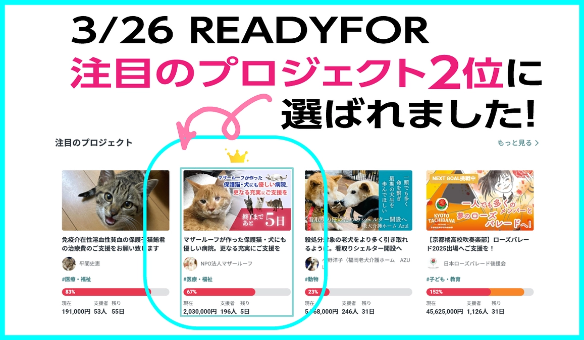 「注目のプロジェクト2位に選ばれました！」あと5日！目標達成まであと79万7千円