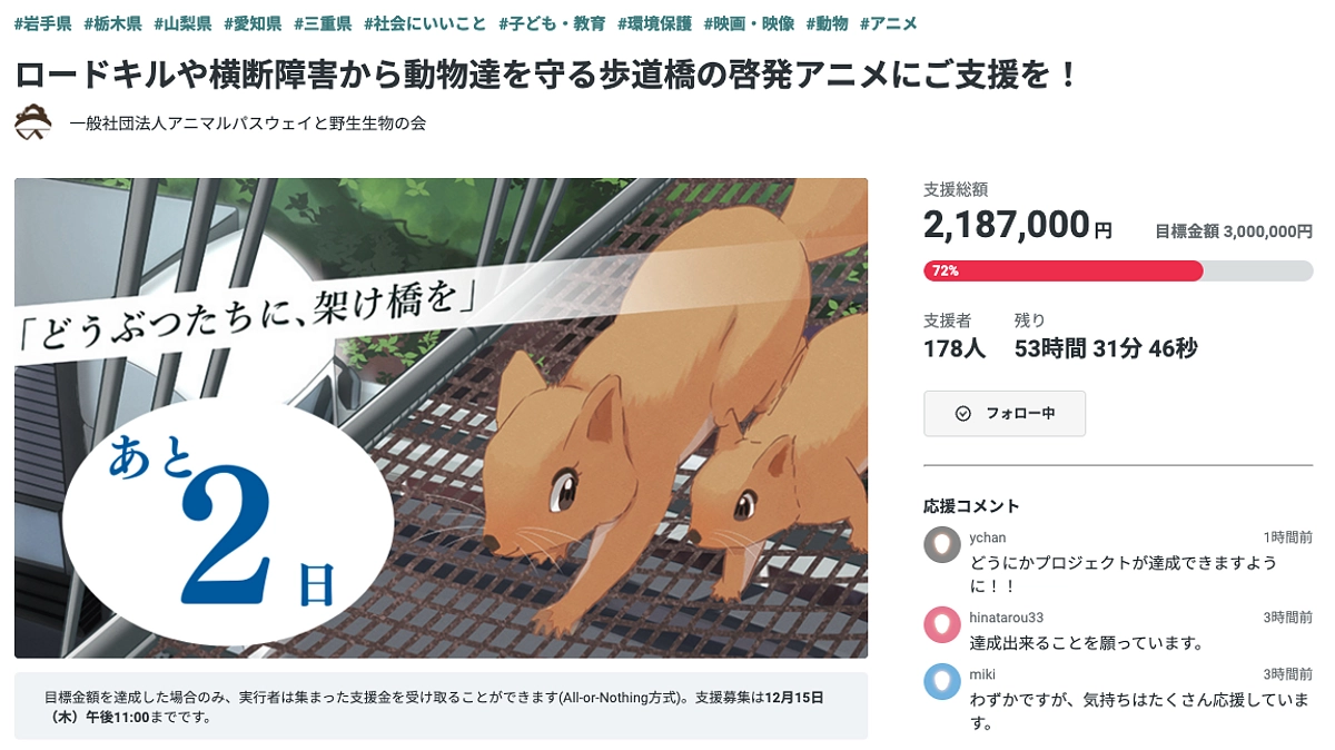 アニマルパスウェイへの皆さまへ最後の一押しのご支援のお願い