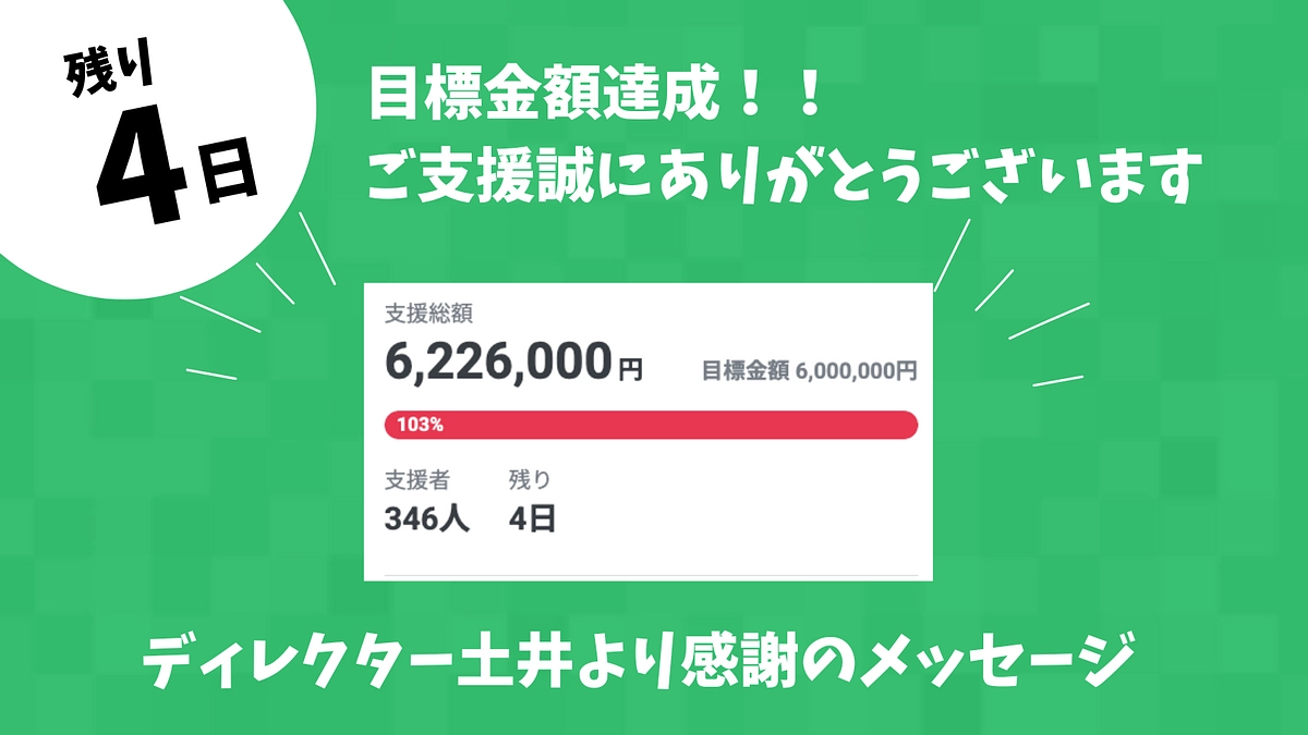 【残り4日】目標金額の600万円を達成いたしました【たくさんのご支援ありがとうございます】