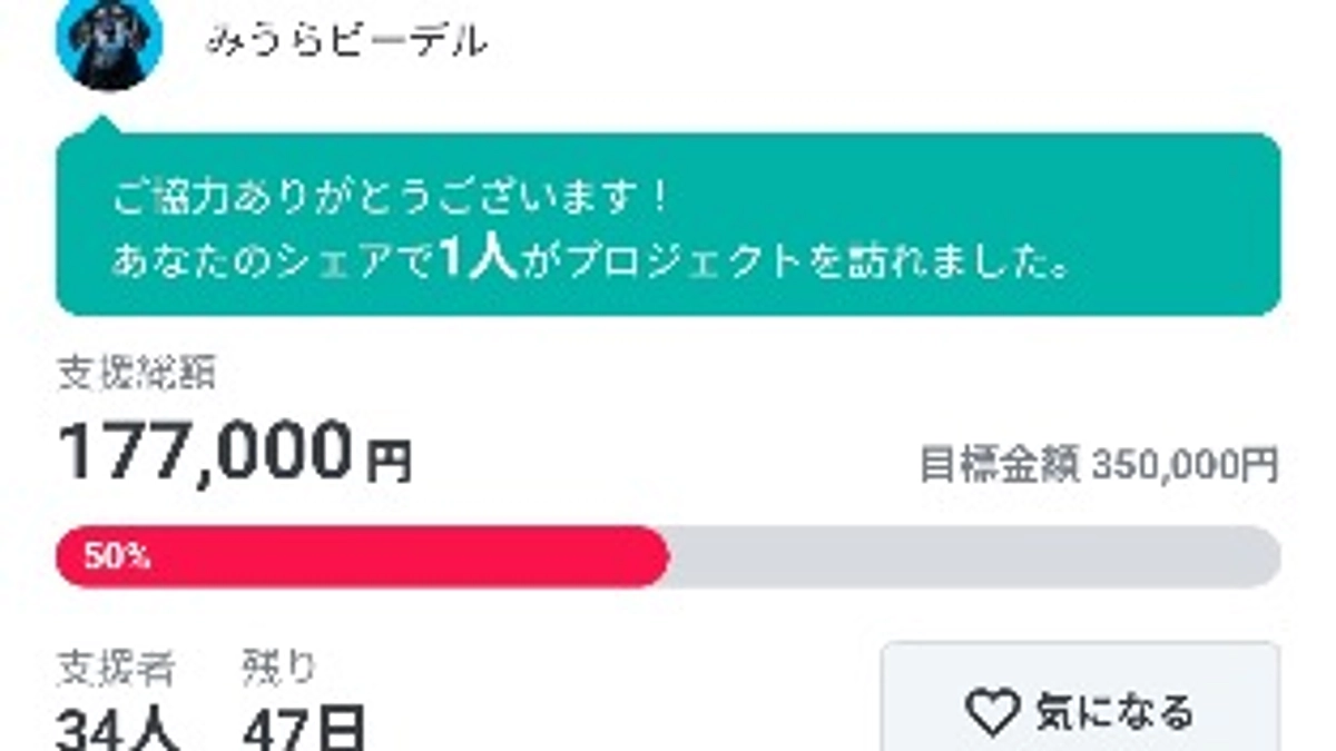 目標金額50％達成しました！残り50％！！！