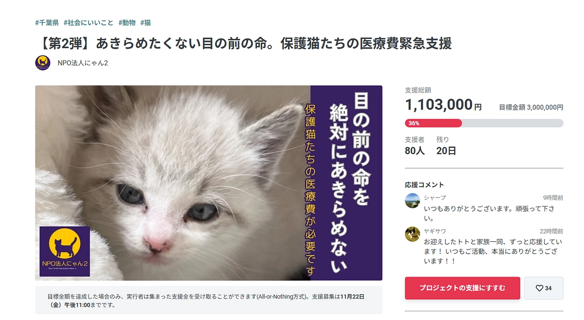 NPO法人にゃん２さんのクラウドファンディングを応援しています