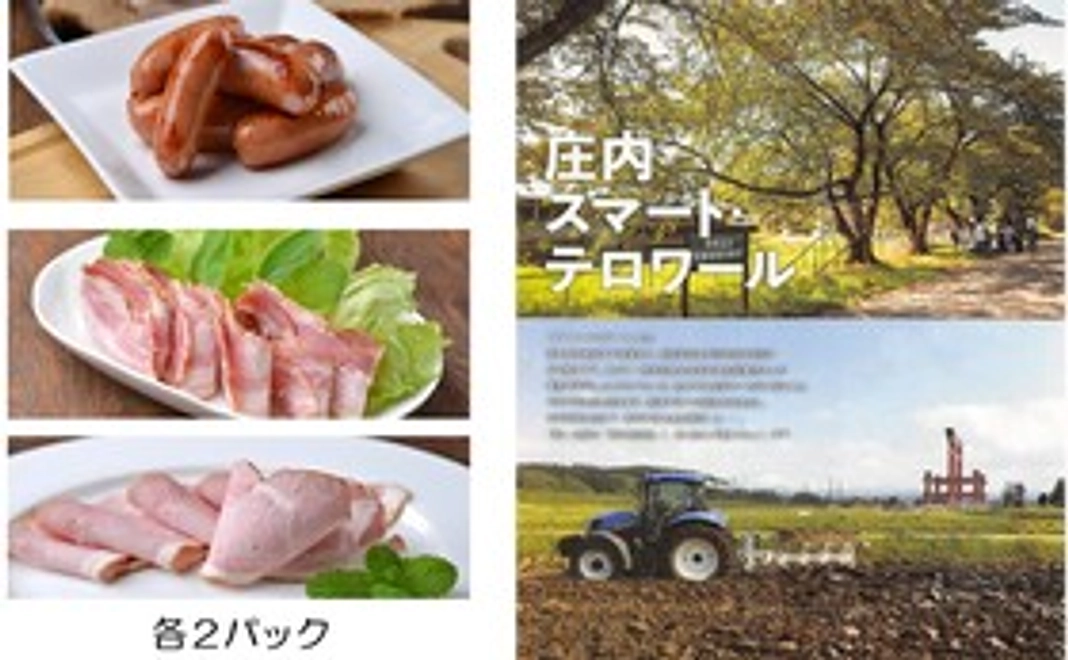 エサから庄内産の ”山形大学ブランドの豚肉加工品” ２セットとプロジェクトの紹介冊子をお届けします。