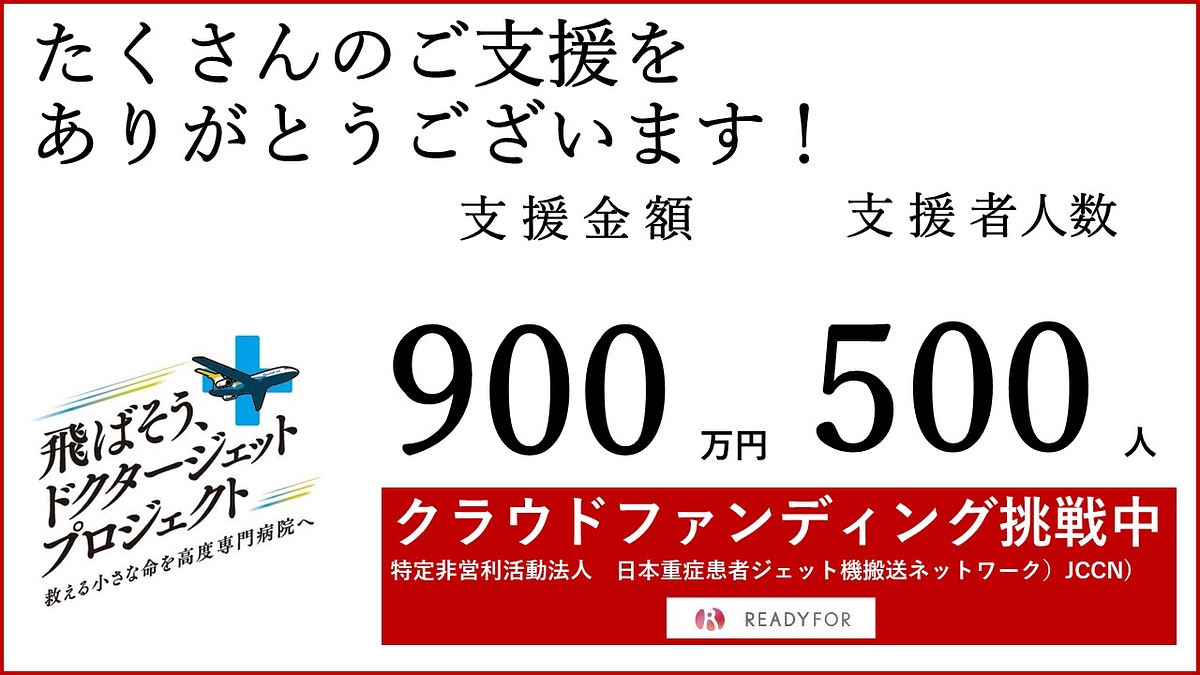 支援者数が５００人、支援金額９００万円を突破しました！