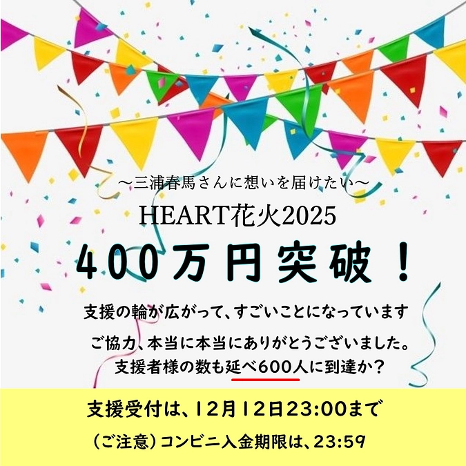 400万円突破！ありがとう。カウントダウンが始まりました。入金期限にご注意を！