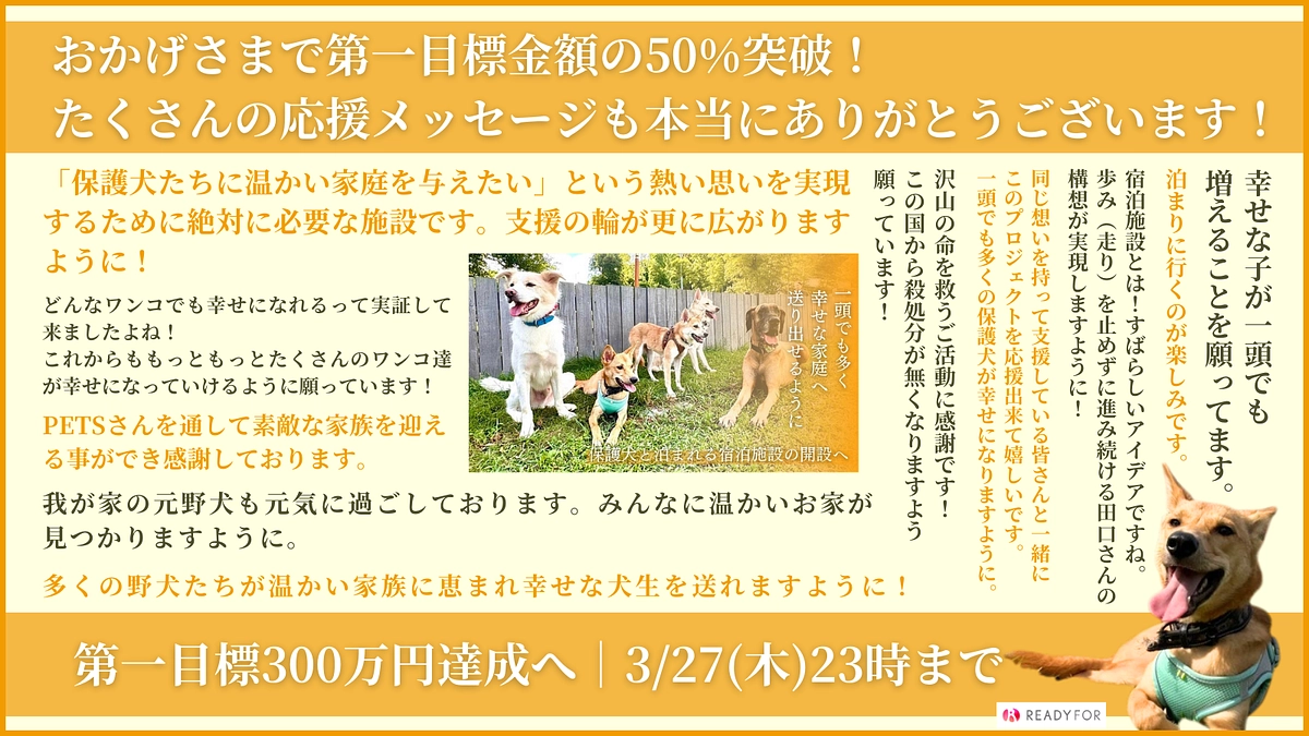 第一目標300万円の50%突破！いただいている応援コメントも読ませていただいてます！