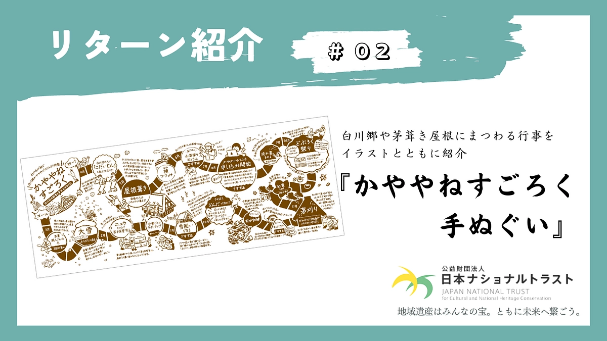 【リターン紹介】白川郷や茅葺き屋根にまつわる行事をイラストとともに紹介「かややねすごろく手ぬぐい」