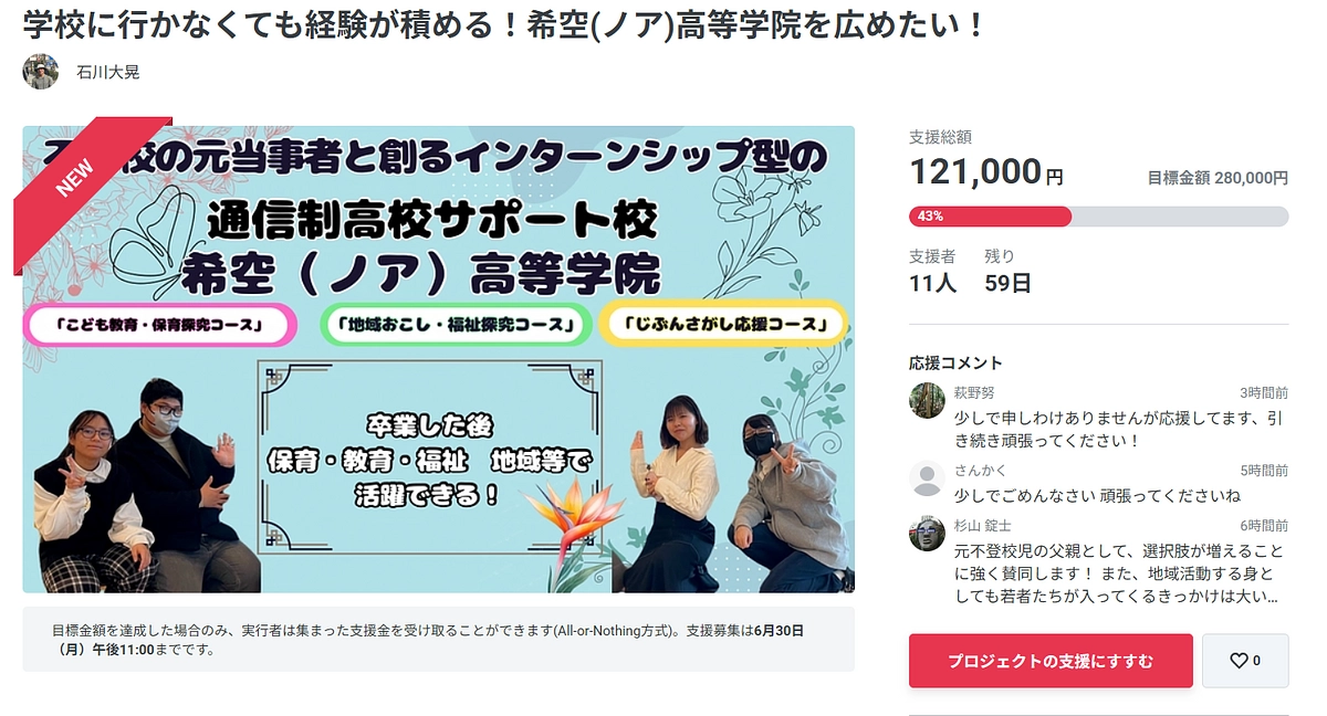 クラファン2日目。初日の支援総額が目標金額の43％を突破！今だからこそもっと伸ばしたい！！