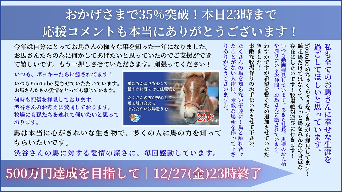 35%突破！ご支援と共に、あたたかい応援コメントもありがとうございます