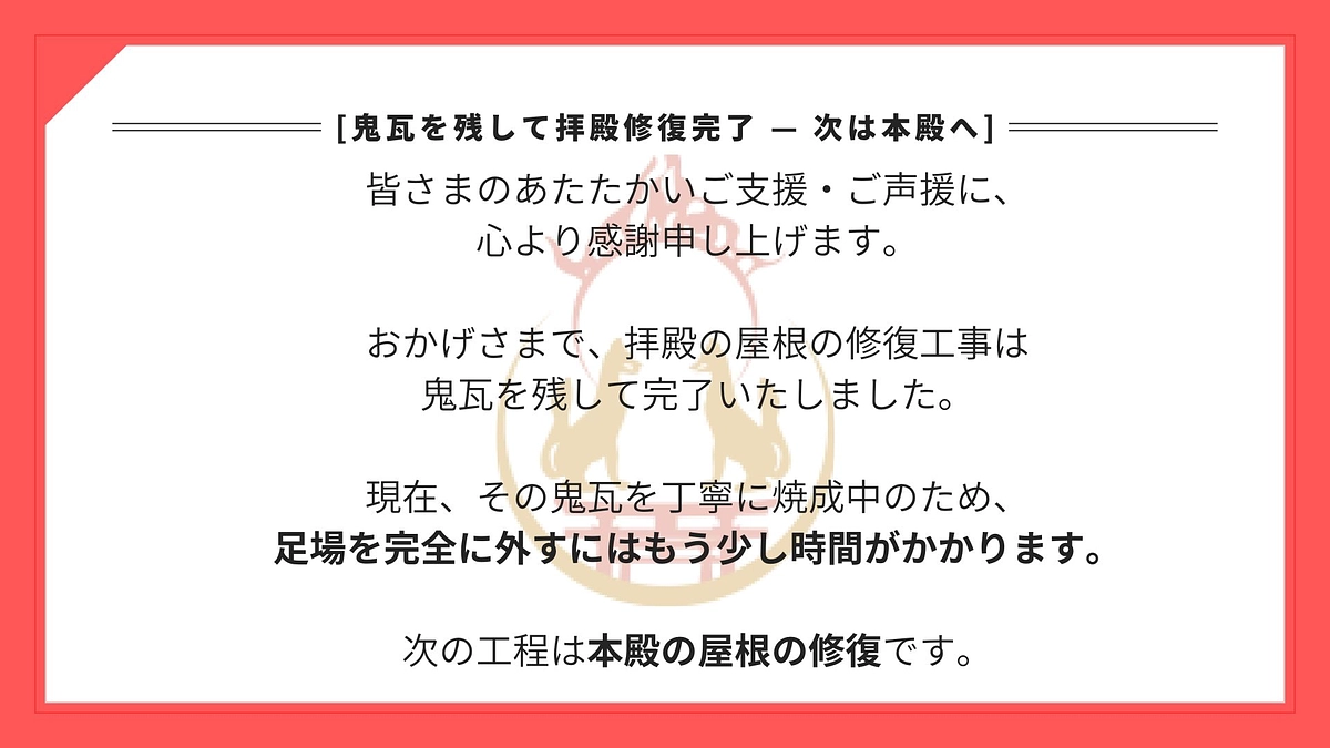 鬼瓦を残して拝殿修復完了 — 次は本殿へ