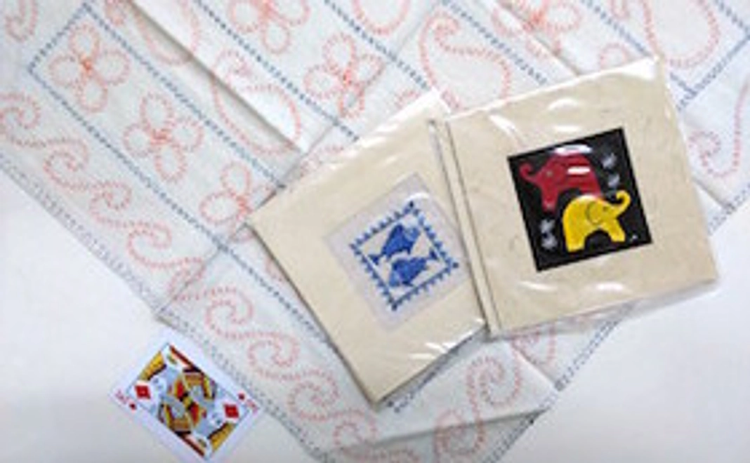 【刺し子製品第2弾！】手作りカード2枚と布巾