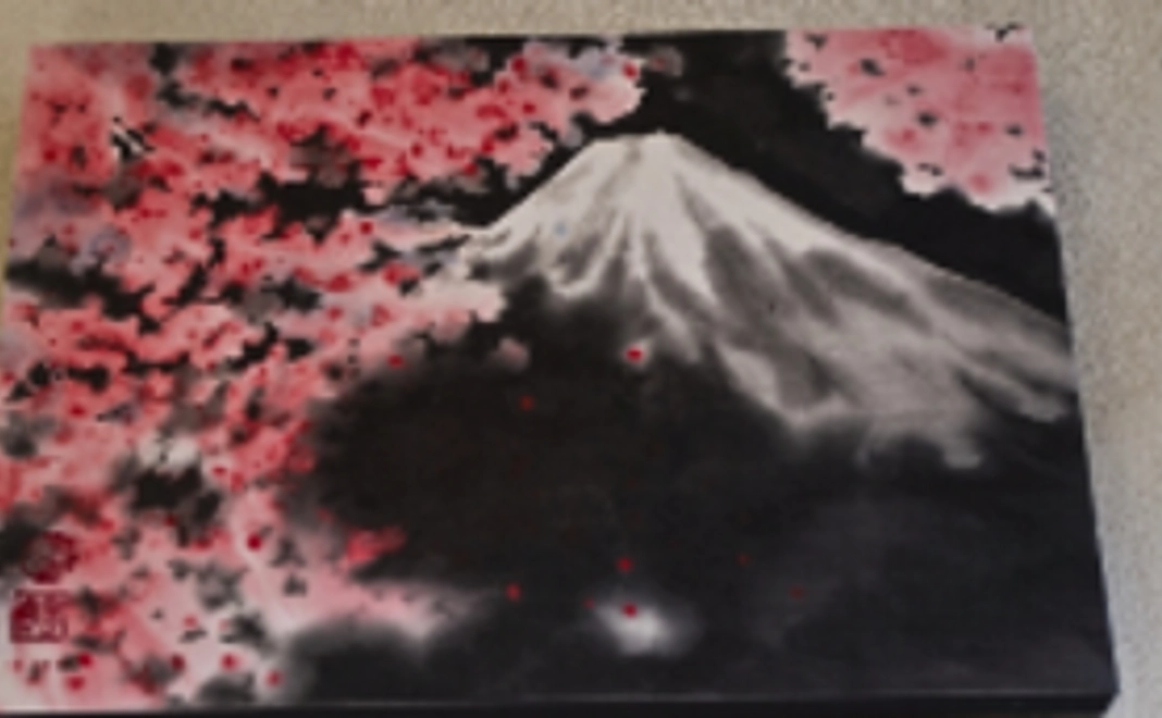 松木墨善オリジナル水墨画作品『墨桜×富士山』