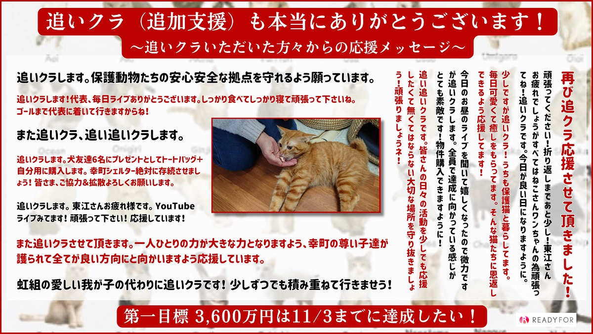 追いクラ（追加支援）もたくさんいただきありがとうございます！第一目標達成へあと少し！