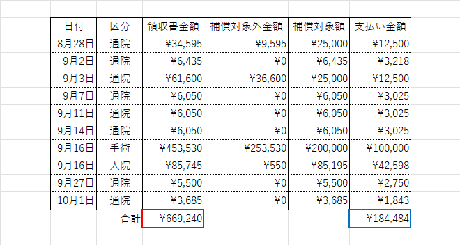 病院代や保険適用額など、まとめ