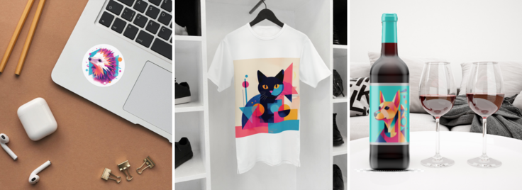 左からステッカー、Tシャツ、ぶどうジュース