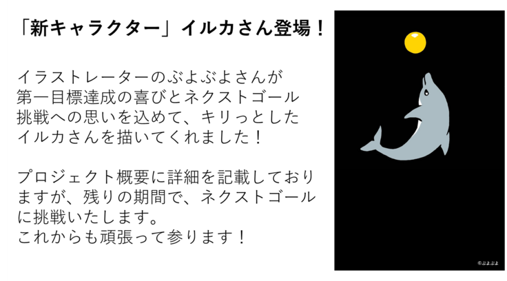 イラストレーターのぶよぶよさんが 第一目標達成の喜びとネクストゴール挑戦への思いを込めて、キリっとした イルカさんを描いてくれました! プロジェクト概要に詳細を記載しておりますが、残りの期間で、ネクストゴールに挑戦いたします。 これからも頑張って参ります!