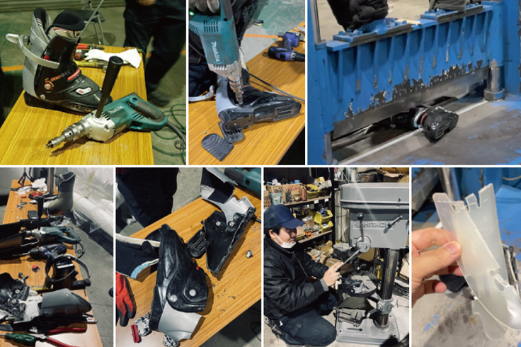 スキーブーツを分解してプラスティック素材の選別作業