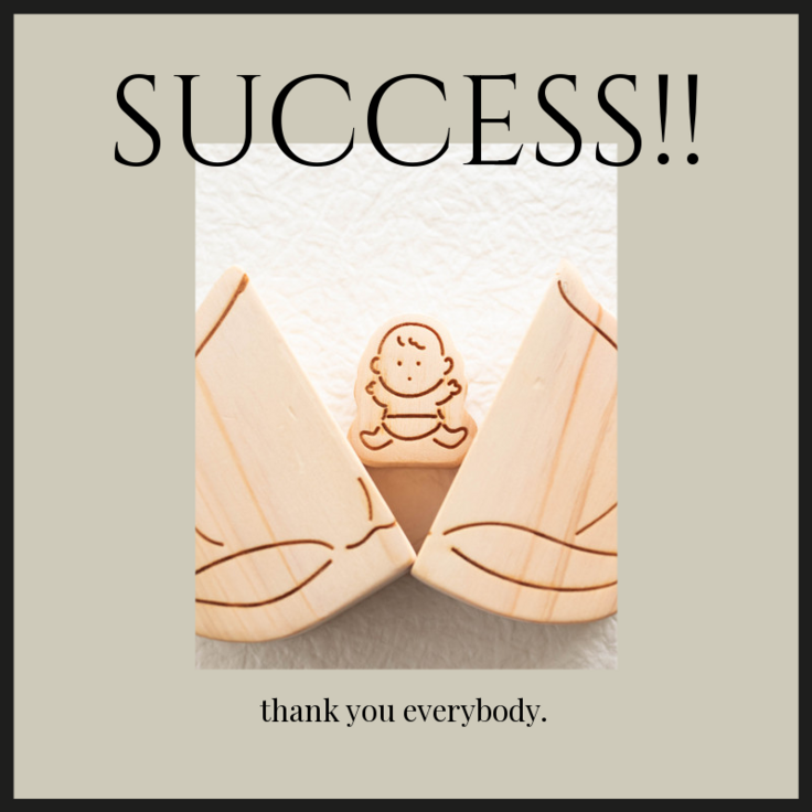 クラウドファウンディング達成の報告。赤ん坊の桃太郎が両手を挙げて喜ぶ様！