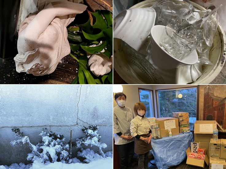 カフェ店舗の被害と支援物資配布