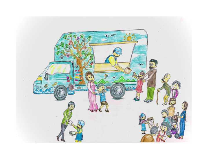 キッチンカーのイメージ。子どもからお年寄りまで様々な世代の人たちが集まるコミュニティのハブとしてキッチンカーを活かしていきたい。