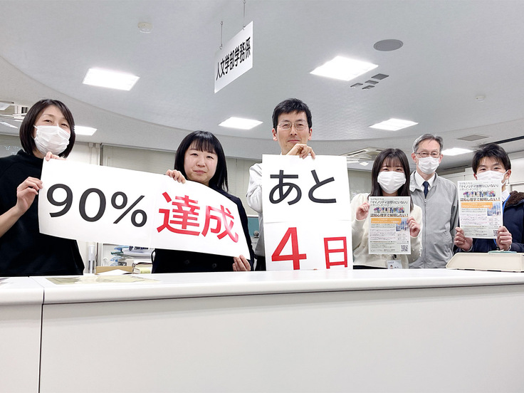「90%達成」「あと4日」と書かれた紙をかかげている人たちの写真