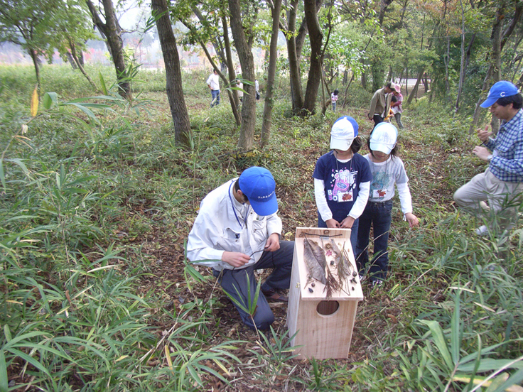 野鳥がテーマのイベントで巣箱を公園に設置
