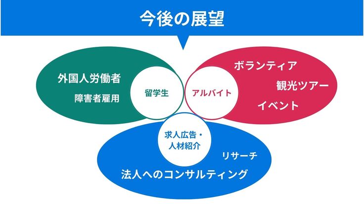 「JAPPIN'」の今後のスケールについて。①留学生だけでなく、対象を外国人労働者全般や、外国人労働者と同じく  特別な雇用管理が必要な障害者雇用に事業を展開。  ②アルバイトだけでなく、ボランティア、観光ツアー、イベントなど、  様々なアクティビティを外国人に提供するプラットフォームとしての立ち位置を目指す。  ③事業の拡大とともに知見を深め、リサーチ / 法人へのコンサルティング事業を強化。