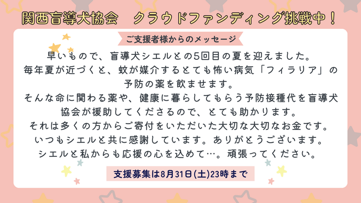 早いもので、盲導犬シエルとの5回目の夏を迎えました。 毎年夏が近づくと、蚊が媒介するとても怖い病気「フィラリア」の予防の薬を飲ませます。 そんな命に関わる薬や、健康に暮らしてもらう予防接種代を盲導犬協会が援助してくださるので、とても助かります。 それは多くの方からご寄付をいただいた大切な大切なお金です。 いつもシエルと共に感謝しています。 ありがとうございます。 シエルと私からも応援の心を込めて…。 頑張ってください。亀ちゃん