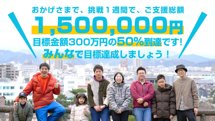おかげさまで、挑戦１週間で、ご支援総額 1,500,000円 目標金額300万円の50%到達です! みんなで目標達成しましょう！