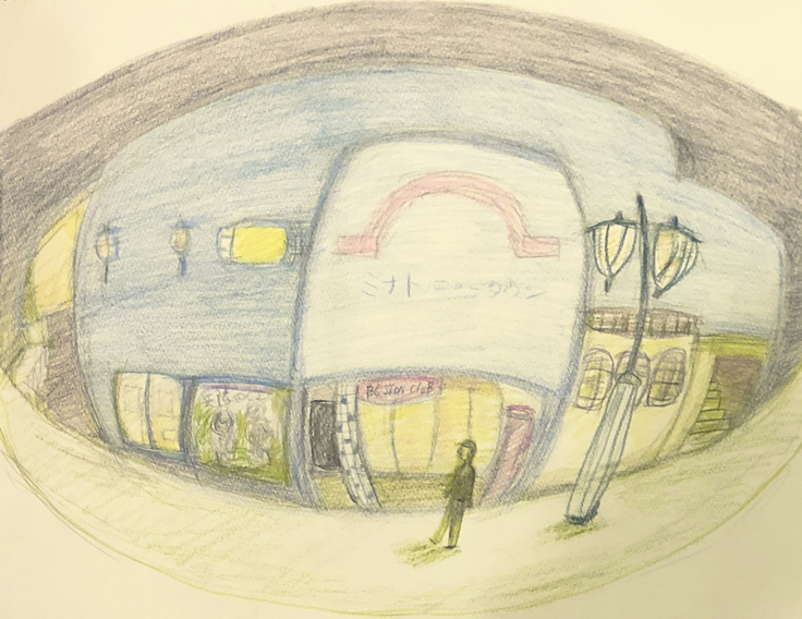 ストーリーブック内のイラスト、港座の前に1人の人が歩いている