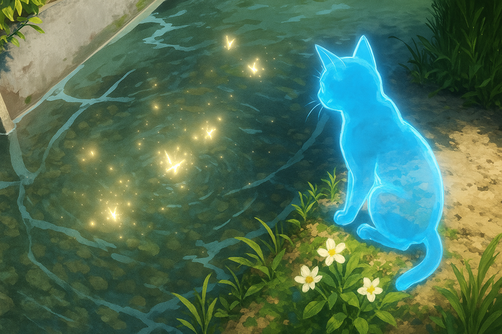 第2章のイメージ図。清流を見つめる、青く光る猫