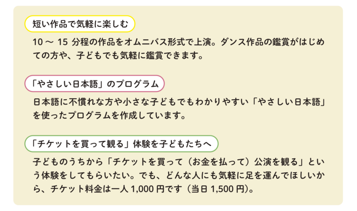 そらダンの3つのポイント。1.短い作品で気軽に楽しむ。2.「やさしい日本語」のプログラムを作成。3.「チケットを買って観る」体験を子どもたちへ提供する。