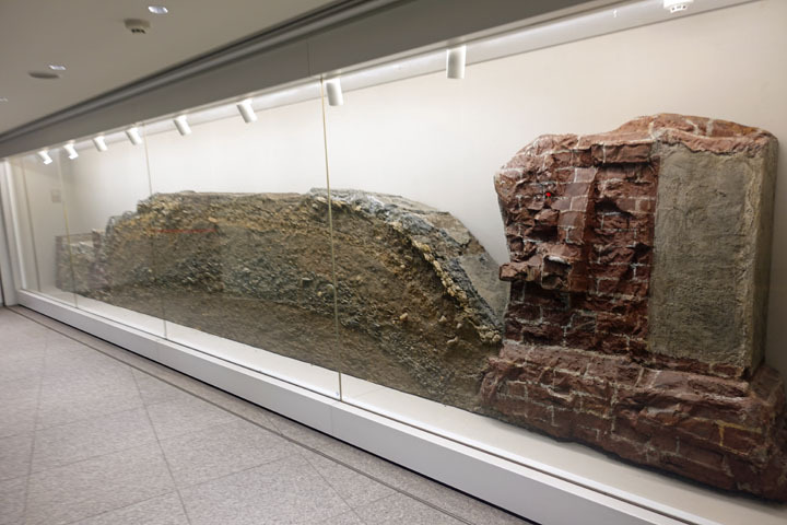 実際に隆起した地層の展示の様子