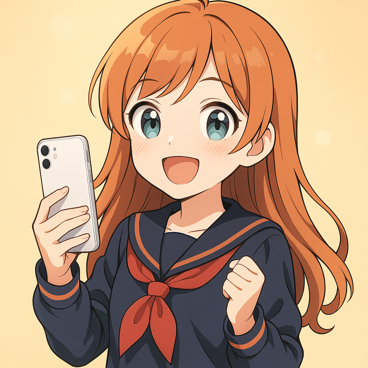 iPhoneを持ってうれしそうな女子学生