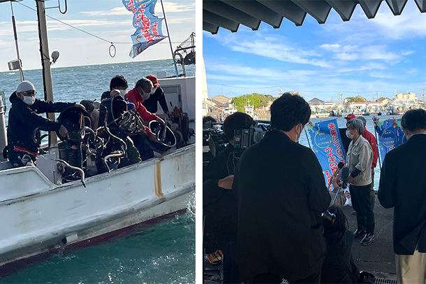 遠州灘で親うなぎを放流するメンバーたち