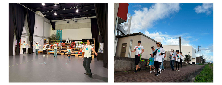 CandYシアターでの準備運動と、近くの川沿いを走る様子