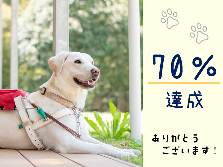 木香テラス前のデッキで、ハーネスを装着して伏せているイエローラブの訓練犬の写真に「70%達成、ありがとうございます!」の文字がデザインされている。
