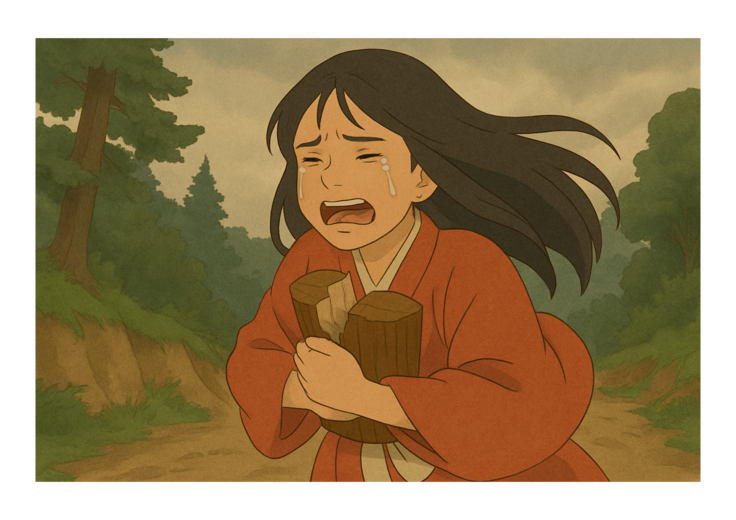 家を飛び出す鶴千代（ChatGPTで作成）