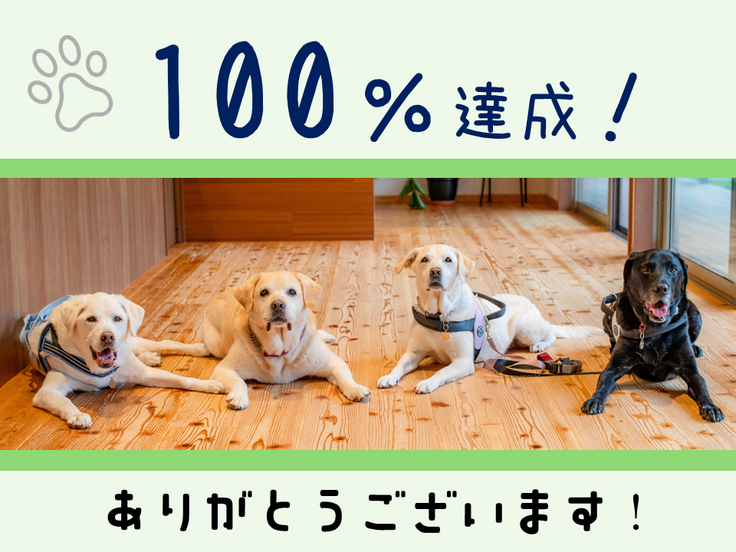 伏せている4頭のリタイア犬の写真に「100%達成ありがとうございます」の文字がデザインされている。