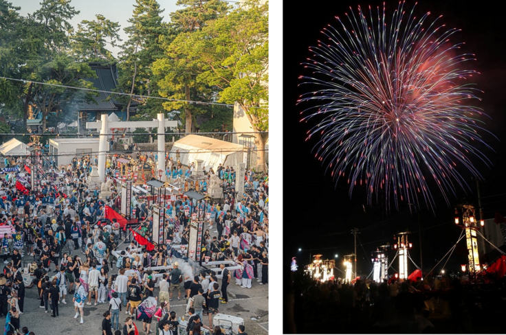 神社前のキリコ勢ぞろいと復興花火