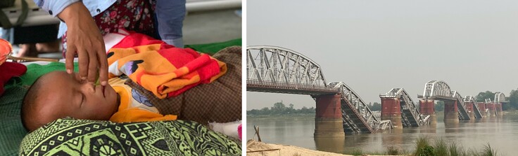 治療中の子ども・大地震で崩落した橋