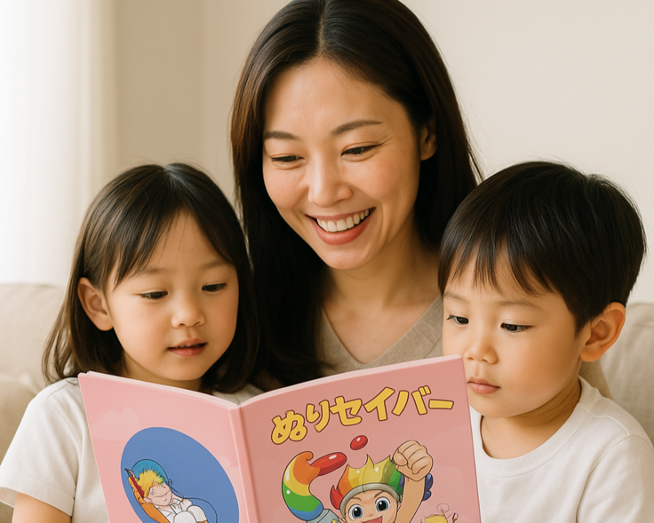 届けた絵本を読む家族