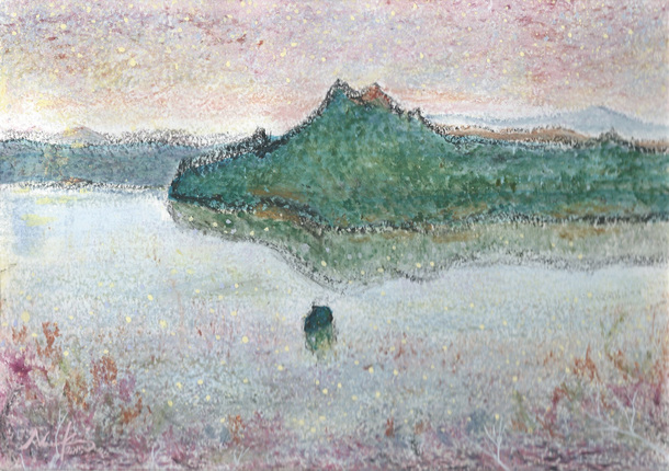 夜の摩周湖　クレヨン画