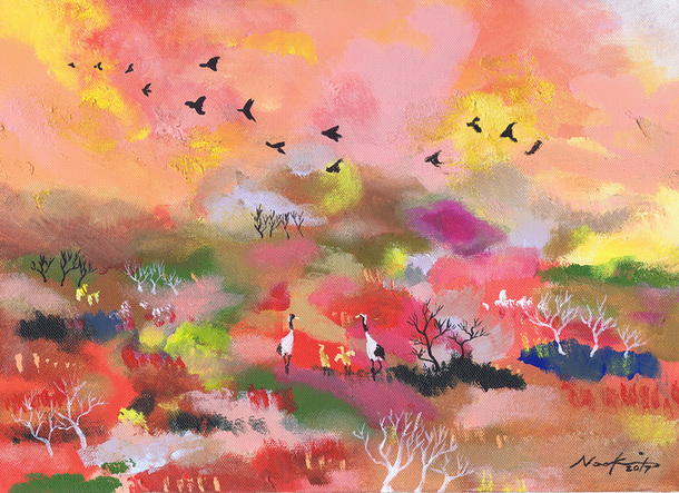 鶴の親子と釧路湿原