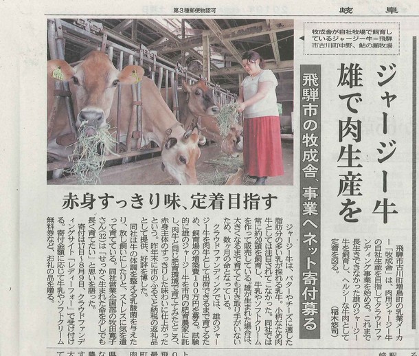 岐阜新聞に紹介いただきました 命の誕生を祝福したい 雄ジャージー牛を飼育する牛舎の増築を 牧田 寛子 牧成舎 営業企画課長 19 07 19 投稿 クラウドファンディング Readyfor レディーフォー